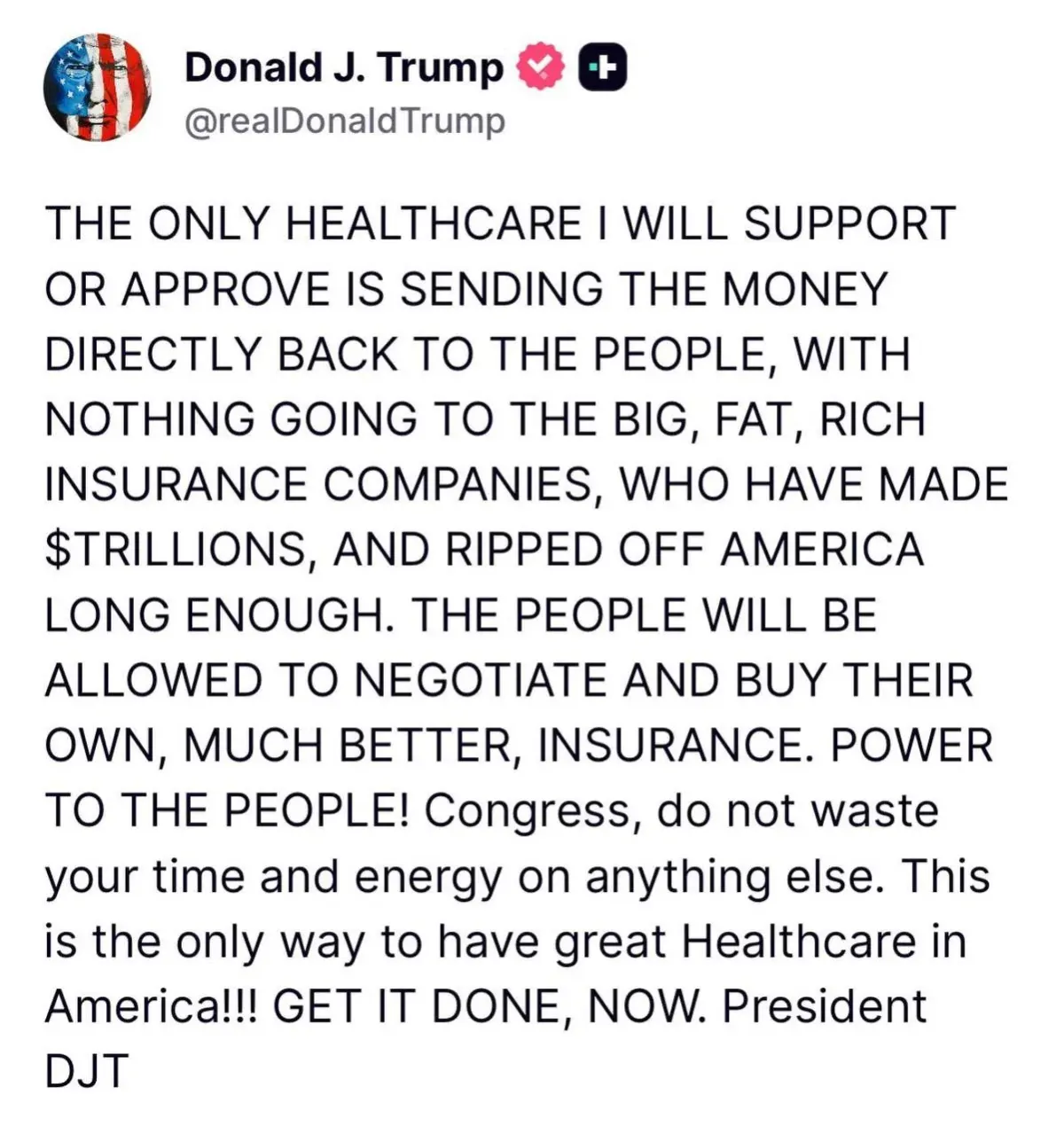 Portrait-style photo containing a Donald Trump tweet about healthcare policy Portrait-style photo containing a Donald Trump tweet about healthcare policy