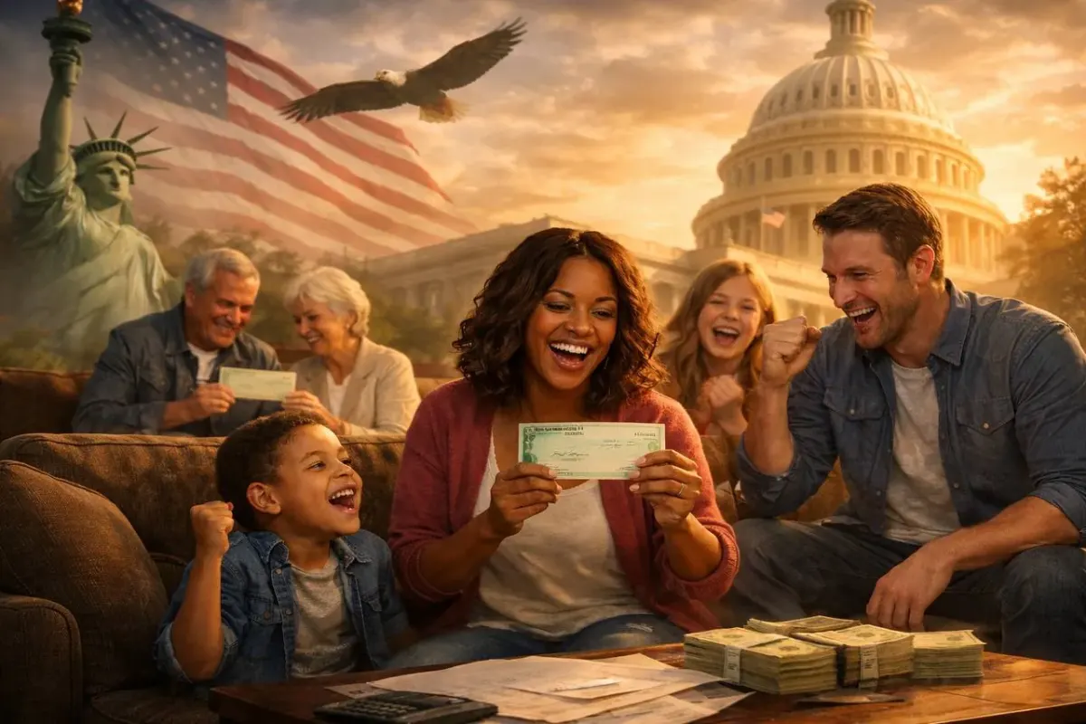 Family on a couch celebrating with cash in front of the U.S. Capitol, suggesting financial relief for American expats Family on a couch celebrating with cash in front of the U.S. Capitol, suggesting financial relief for American expats