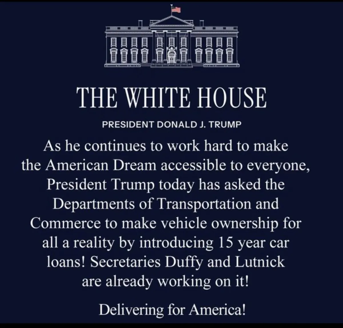Document-style photo with printed text about a U.S. presidential announcement on vehicle loans Document-style photo with printed text about a U.S. presidential announcement on vehicle loans