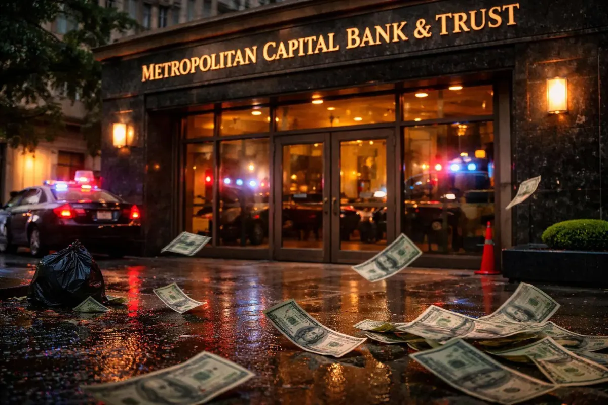 Police outside a bank with dollar bills on the wet street, suggesting legal and financial risks tied to foreign account reporting