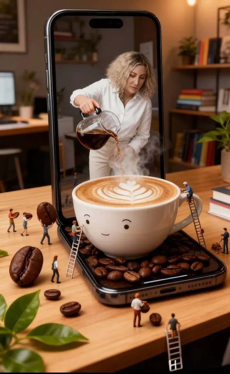 A woman pours coffee from a glass pot into a latte in a large coffee cup displayed on a phone screen, with miniature people and coffee beans A woman pours coffee from a glass pot into a latte in a large coffee cup displayed on a phone screen, with miniature people and coffee beans