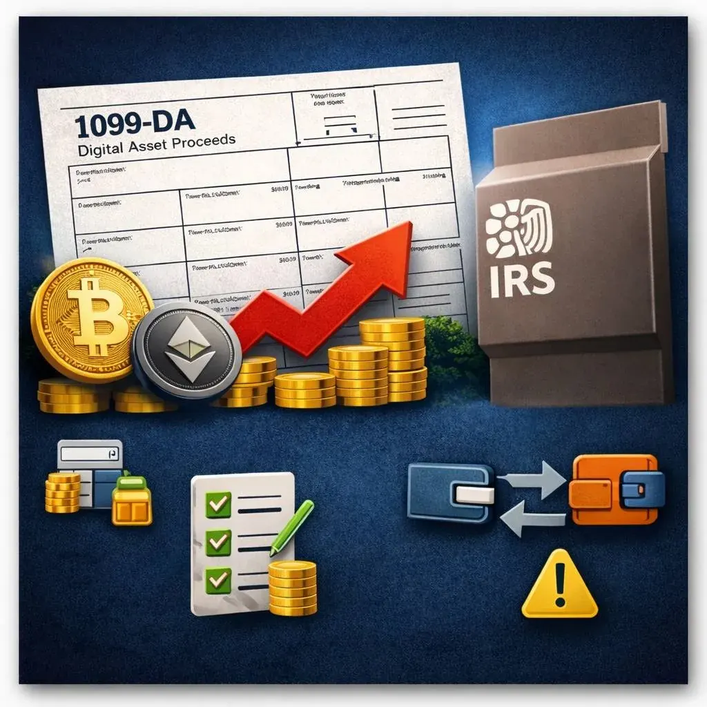 1099-DA digital asset proceeds form with cryptocurrency coins and IRS box, used as generic tax document artwork 1099-DA digital asset proceeds form with cryptocurrency coins and IRS box, used as generic tax document artwork