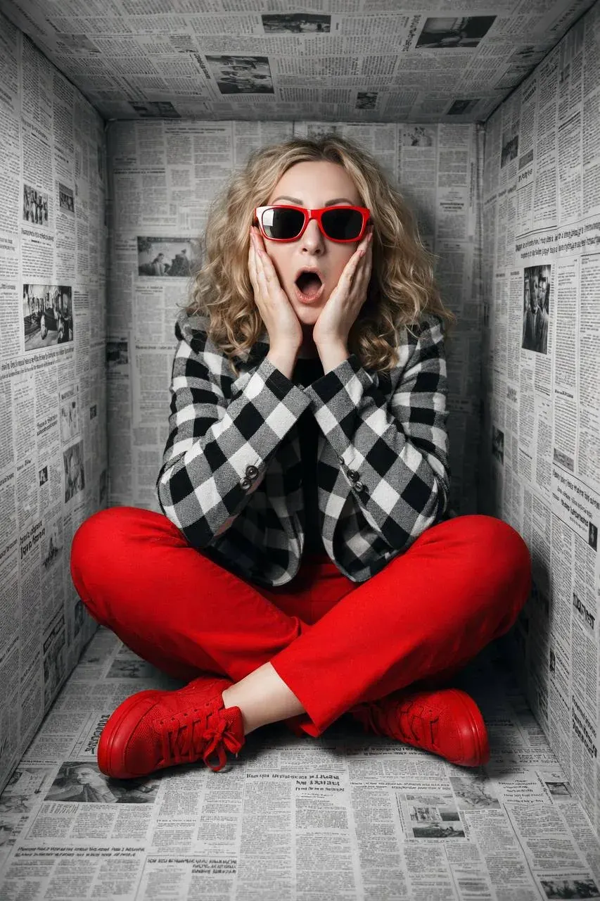 Person sitting cross-legged in a small room with newspaper-covered walls, wearing red sunglasses and a checkered jacket Person sitting cross-legged in a small room with newspaper-covered walls, wearing red sunglasses and a checkered jacket