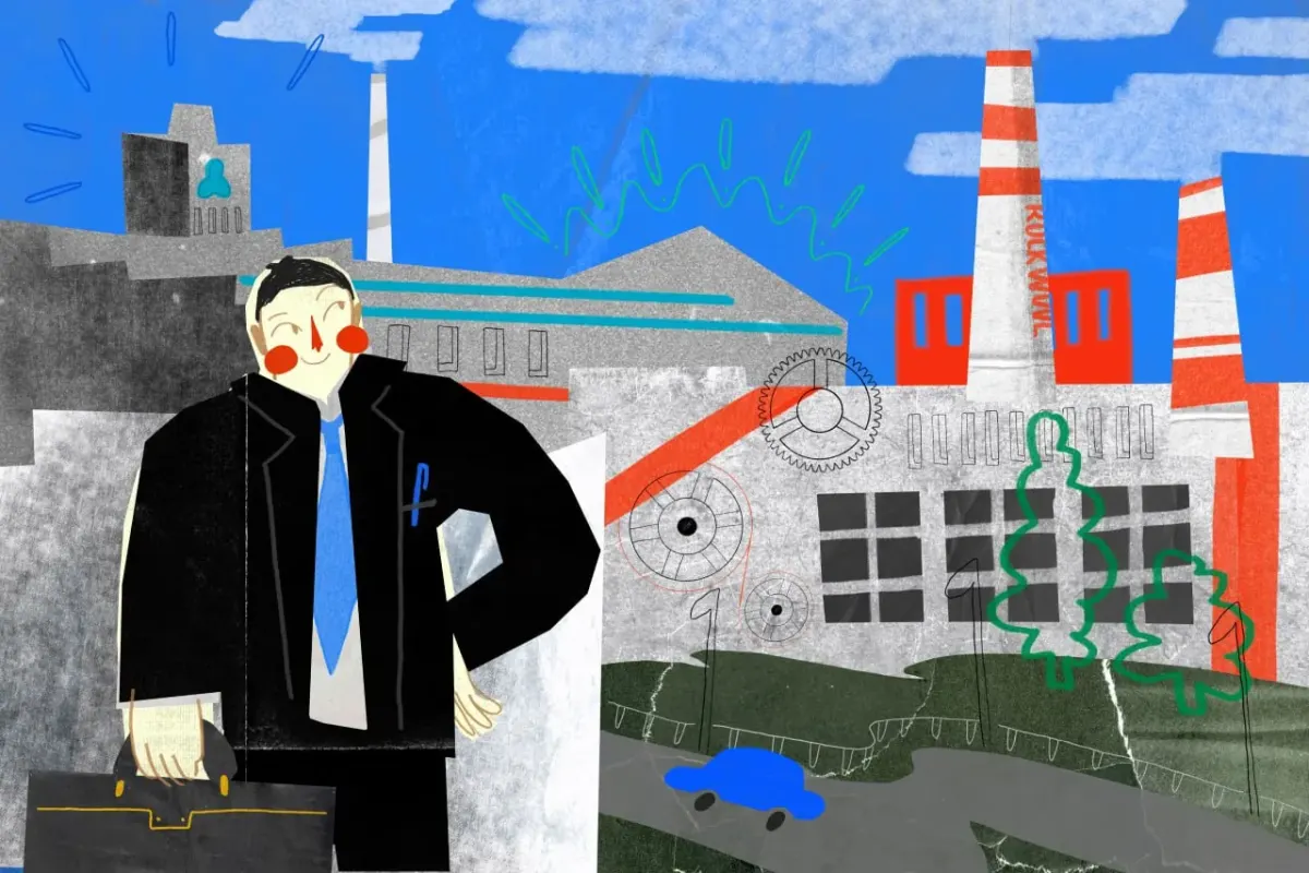 Cartoon businessperson with briefcase standing before factory and gears, used as a generic visual for work and tax topics Cartoon businessperson with briefcase standing before factory and gears, used as a generic visual for work and tax topics