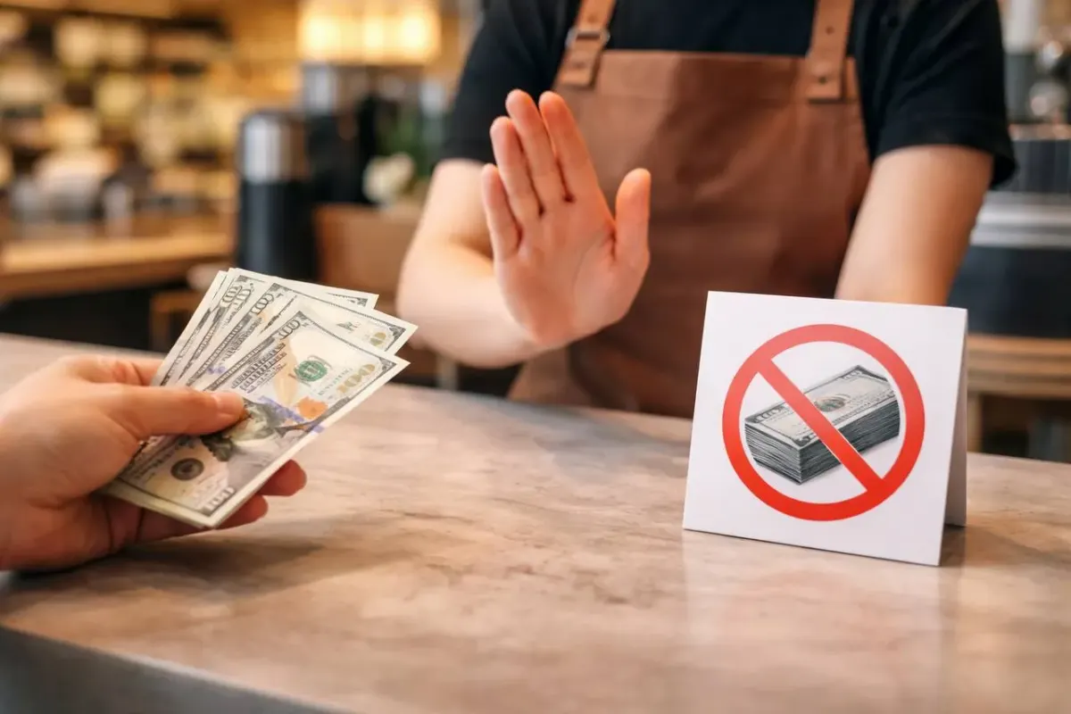 Person at a counter holding cash next to a no-cash payment sign, suggesting choices about how to handle money across different situations Person at a counter holding cash next to a no-cash payment sign, suggesting choices about how to handle money across different situations