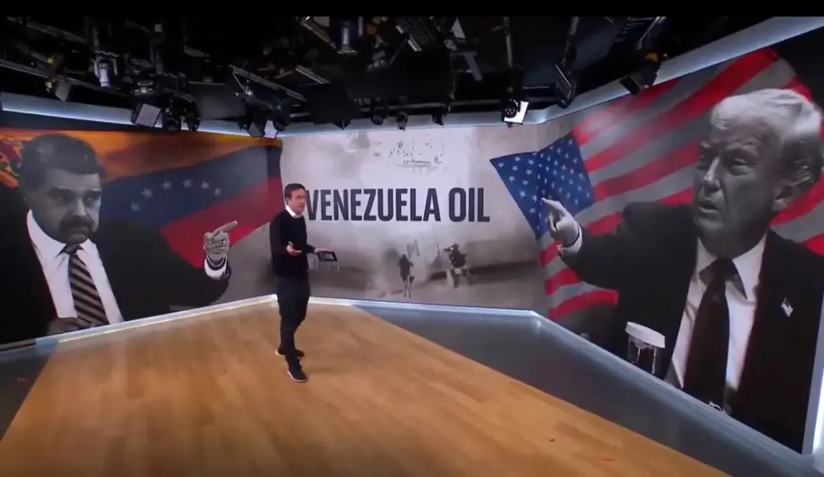 Studio set with a Venezuela Oil banner and American flags in the background