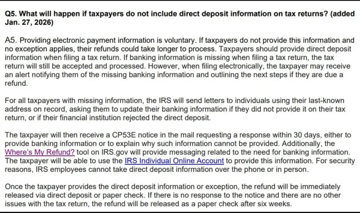 IRS tax guidance screenshot about missing direct deposit information and delayed refunds IRS tax guidance screenshot about missing direct deposit information and delayed refunds