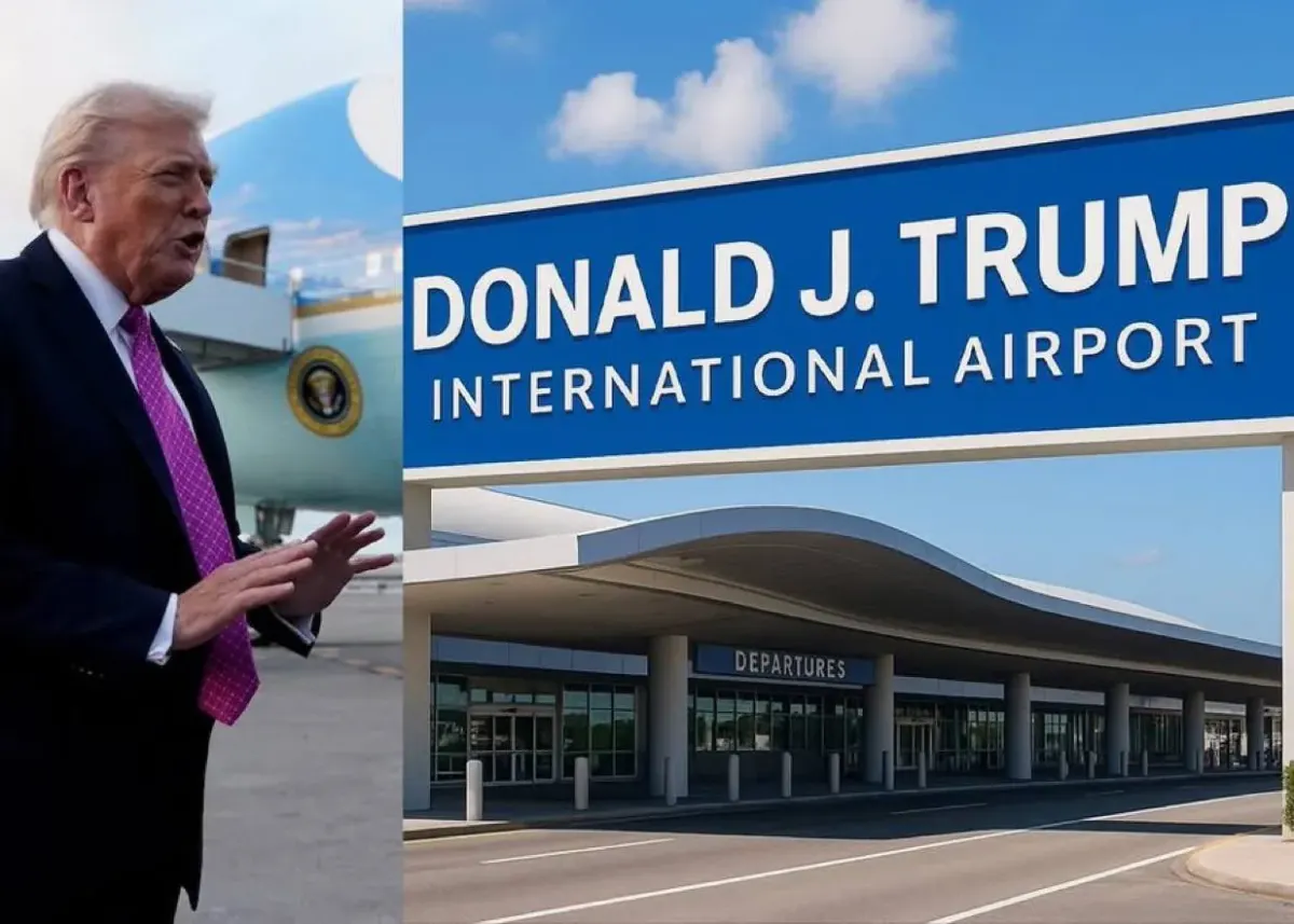 Donald J. Trump beside a Donald J. Trump International Airport sign in an airport terminal setting Donald J. Trump beside a Donald J. Trump International Airport sign in an airport terminal setting