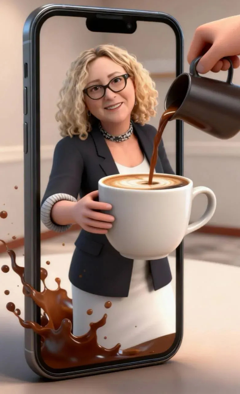 Person on a phone screen pouring coffee into a cup, suggesting everyday life during an international relocation Person on a phone screen pouring coffee into a cup, suggesting everyday life during an international relocation