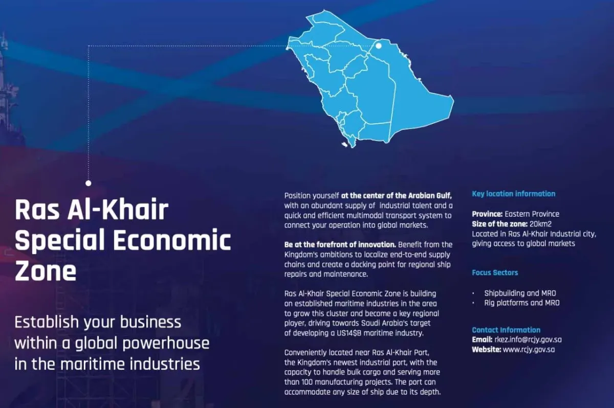 Industrial zone promotional board about Ras Al-Khair maritime and logistics hub in the Arabian Gulf region Industrial zone promotional board about Ras Al-Khair maritime and logistics hub in the Arabian Gulf region