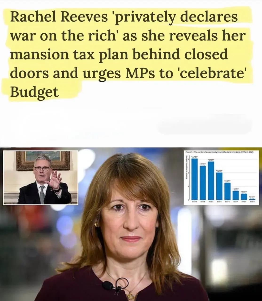 Portrait photo with headline about Rachel Reeves proposing a mansion tax and declaring war on the rich Portrait photo with headline about Rachel Reeves proposing a mansion tax and declaring war on the rich