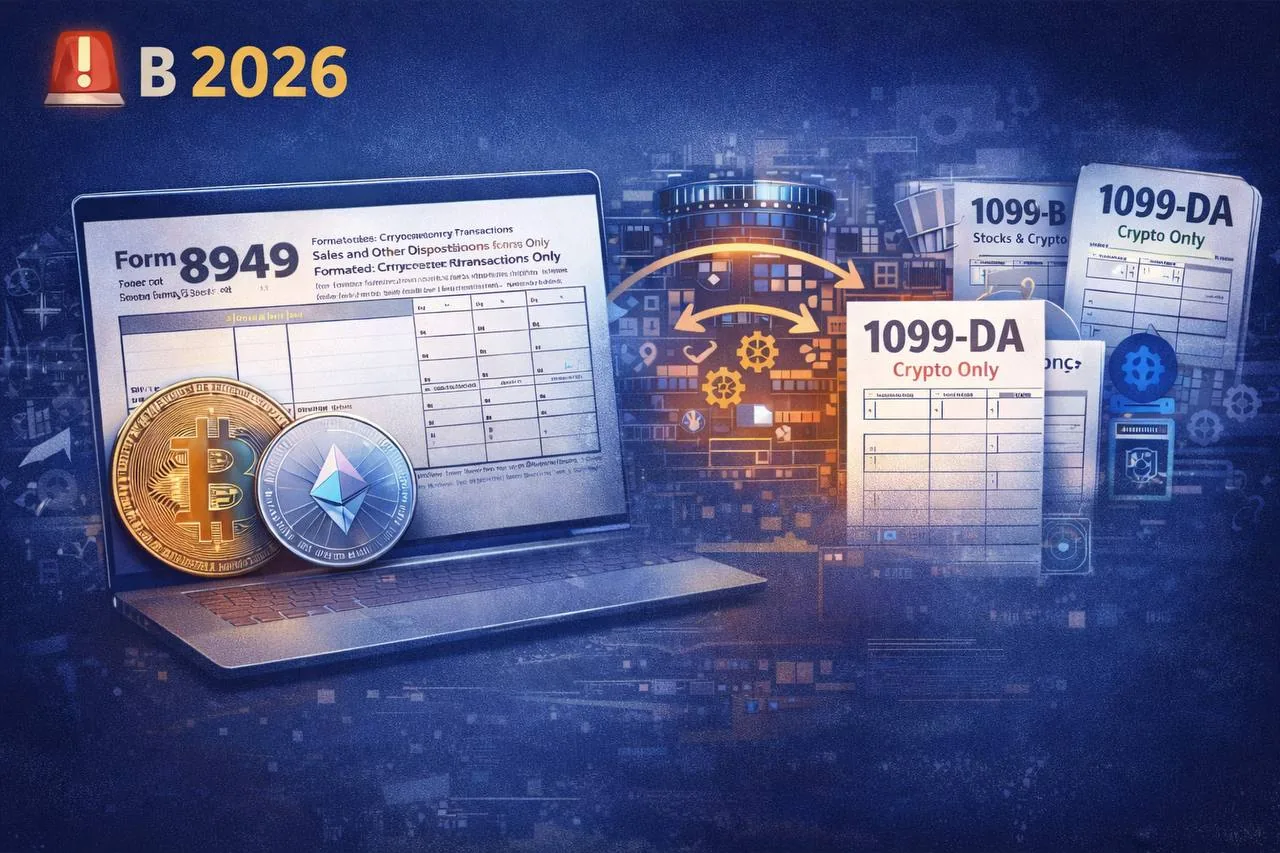 Laptop with Bitcoin and Ethereum coins next to US crypto tax forms 8949 and 1099-DA Laptop with Bitcoin and Ethereum coins next to US crypto tax forms 8949 and 1099-DA